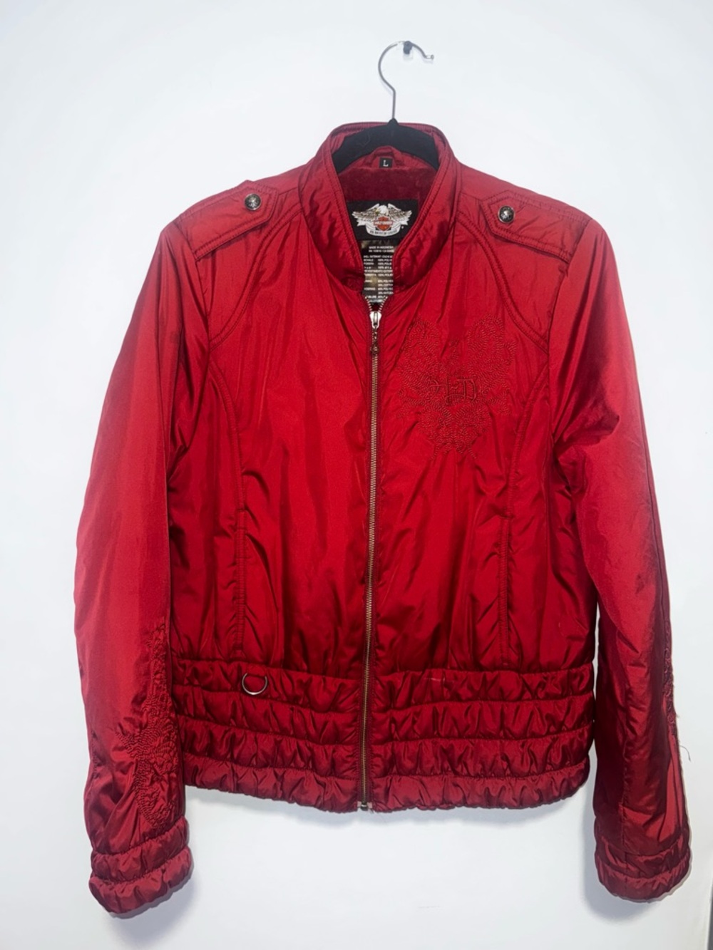 Women's Harley Davidson Quilted Waist Bomber Jacket in Red - Unbranded